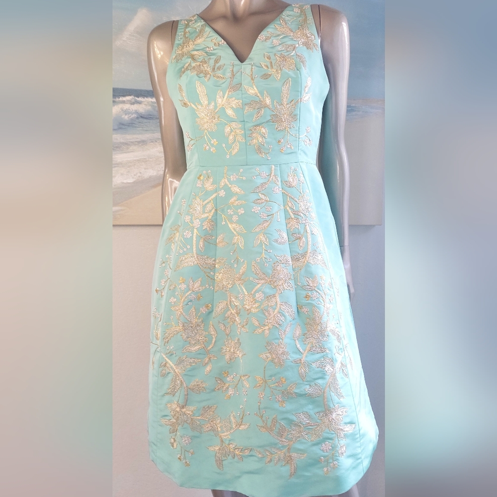 $6,000 OSCAR DE LA RENTA OCEAN GREEN SILK GOLD FLORAL EMBROID RUNWAY DRESS 10